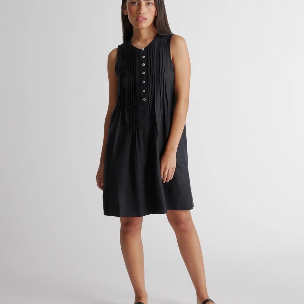 Quince Black European Linen Sleeveless Swing Dress sz XL Women Pleats Button NWT